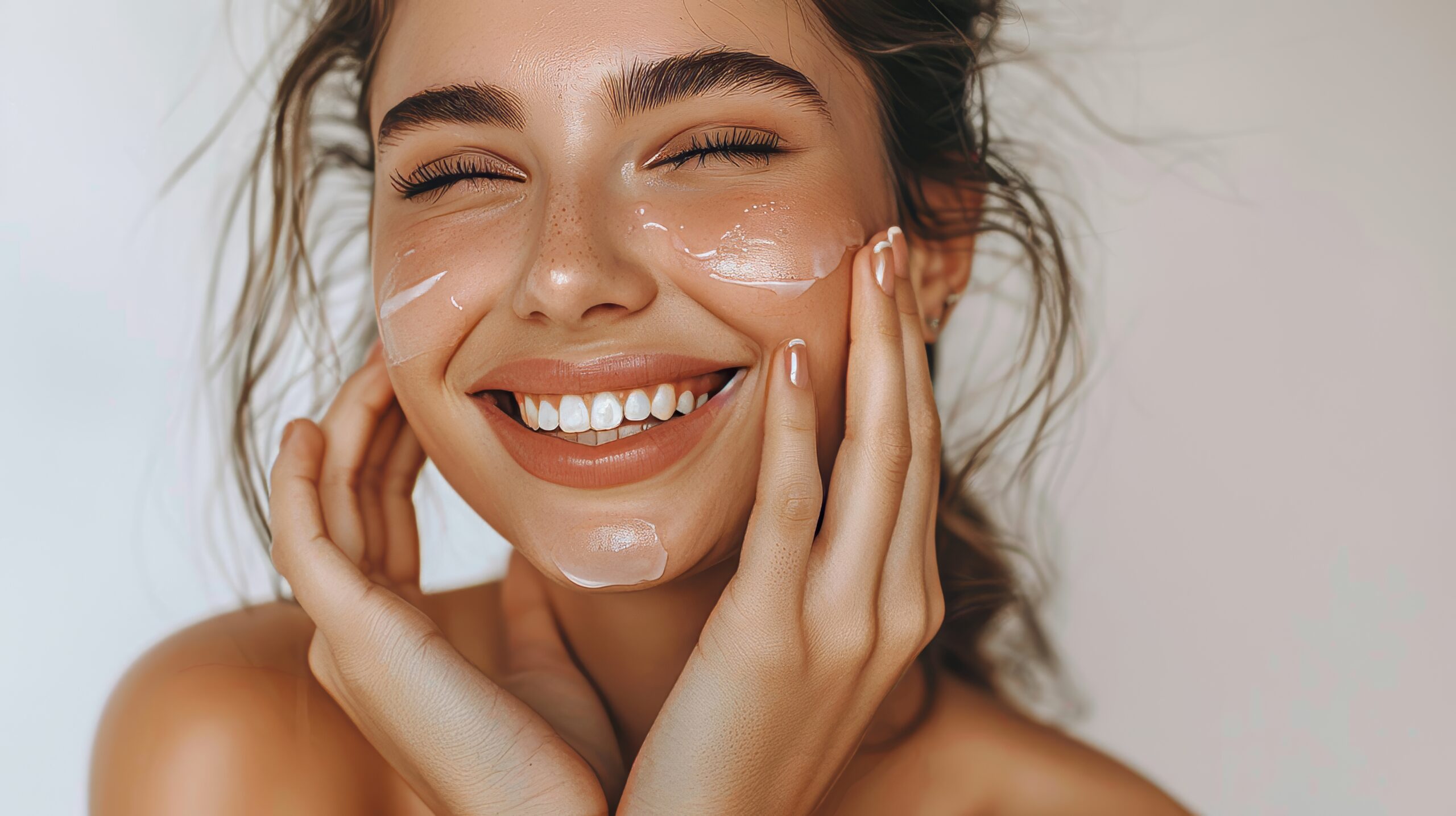 Skincare. Woman with beautiful face touching healthy facial skin. Woman smiling while touching her flawless glowy skin with copy space for your advertisement skincare