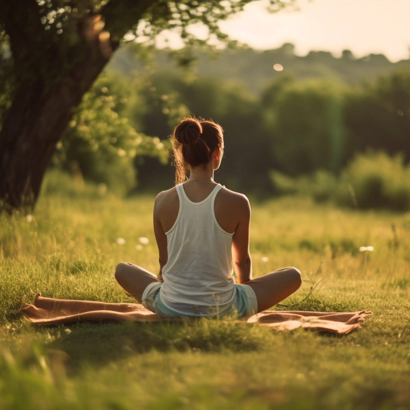 Woman meditating outside in nature.