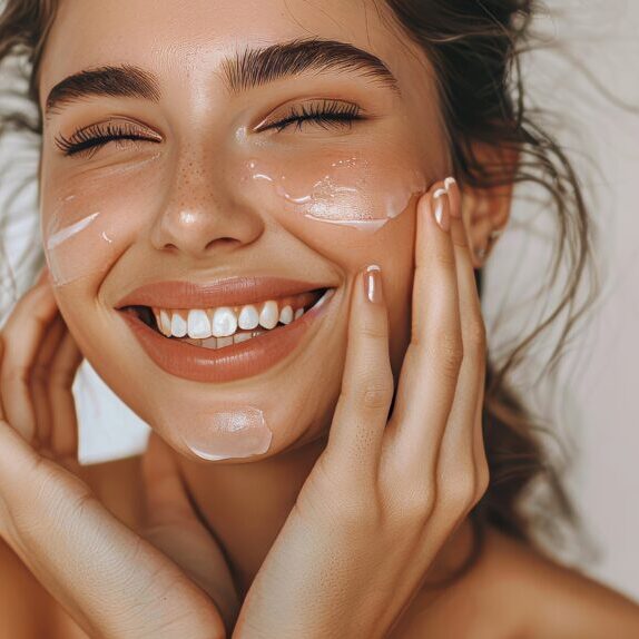 Skincare. Woman with beautiful face touching healthy facial skin. Woman smiling while touching her flawless glowy skin with copy space for your advertisement skincare