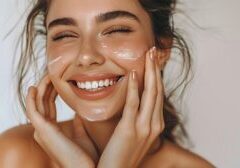 Skincare. Woman with beautiful face touching healthy facial skin. Woman smiling while touching her flawless glowy skin with copy space for your advertisement skincare