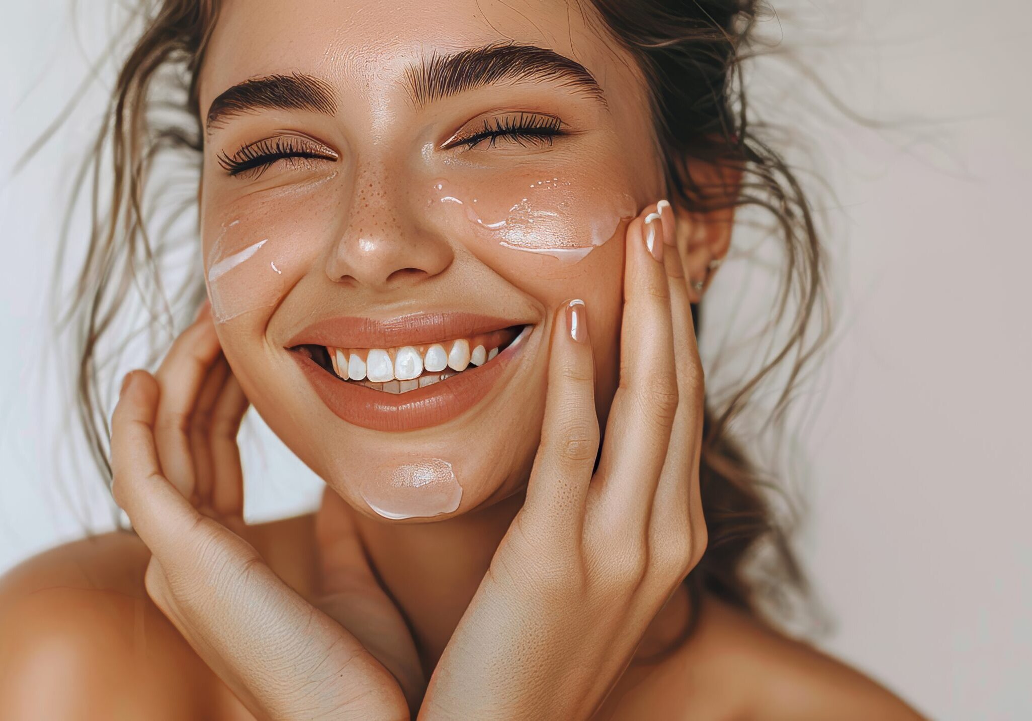 Skincare. Woman with beautiful face touching healthy facial skin. Woman smiling while touching her flawless glowy skin with copy space for your advertisement skincare